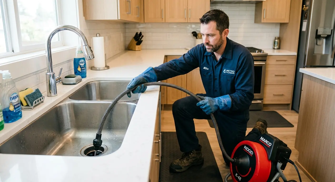 Drain cleaning technician using a motorized snake on a kitchen sink in Calabasas