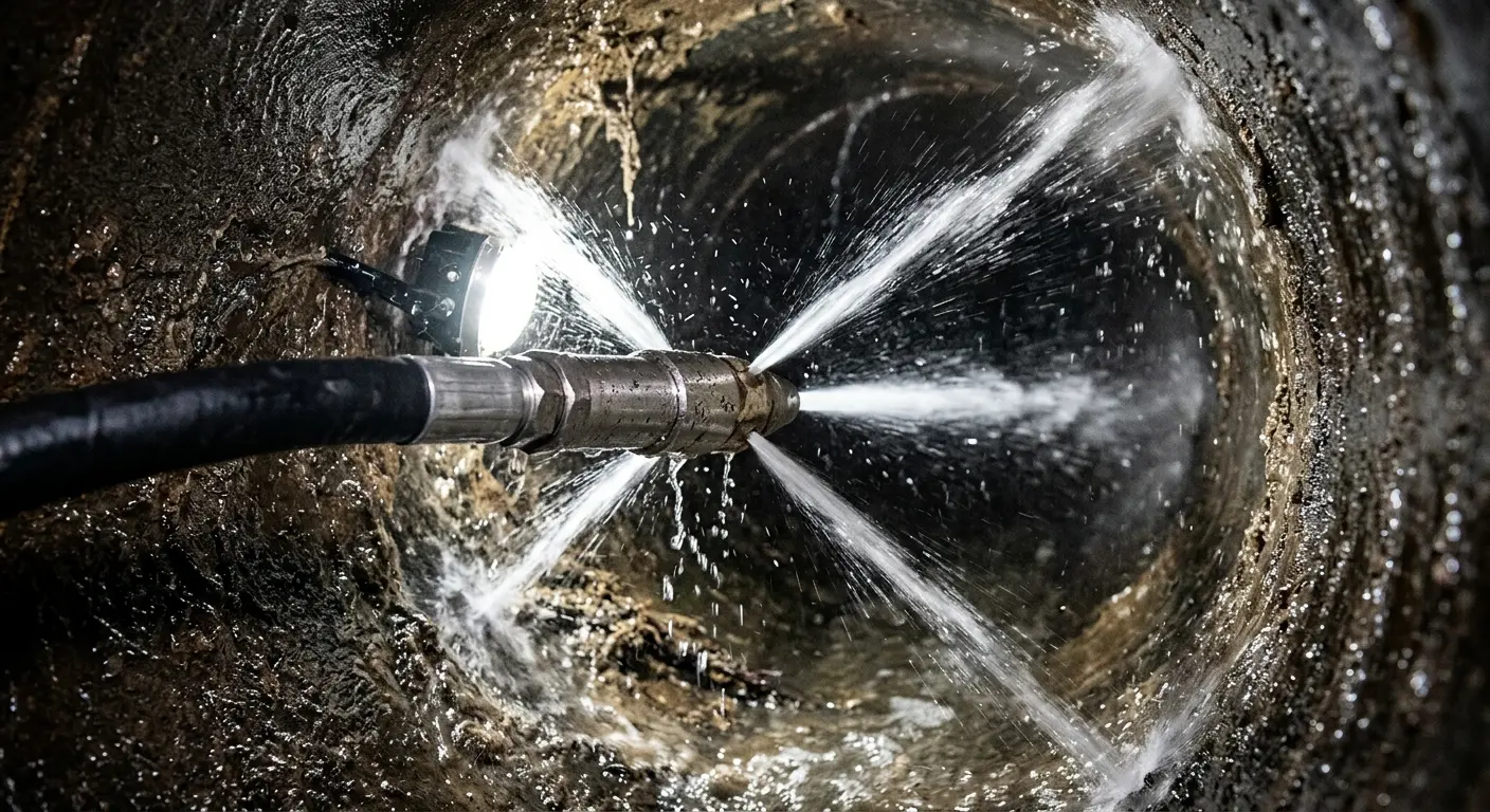 High-pressure hydro jetting nozzle cleaning sewer pipe for Storm Drain Cleaning in Calabasas