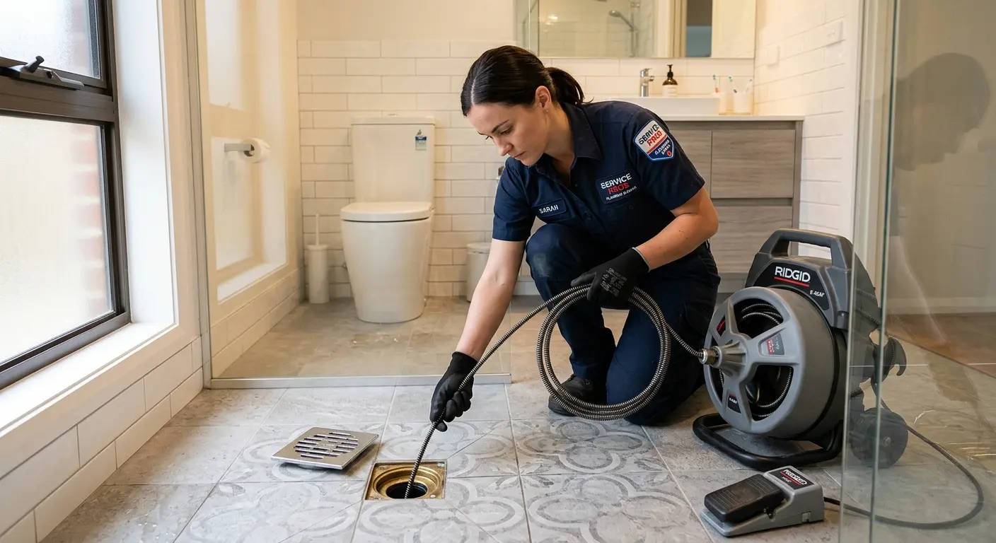 Technician clearing a bathroom floor drain for Hydro Jetting in Calabasas